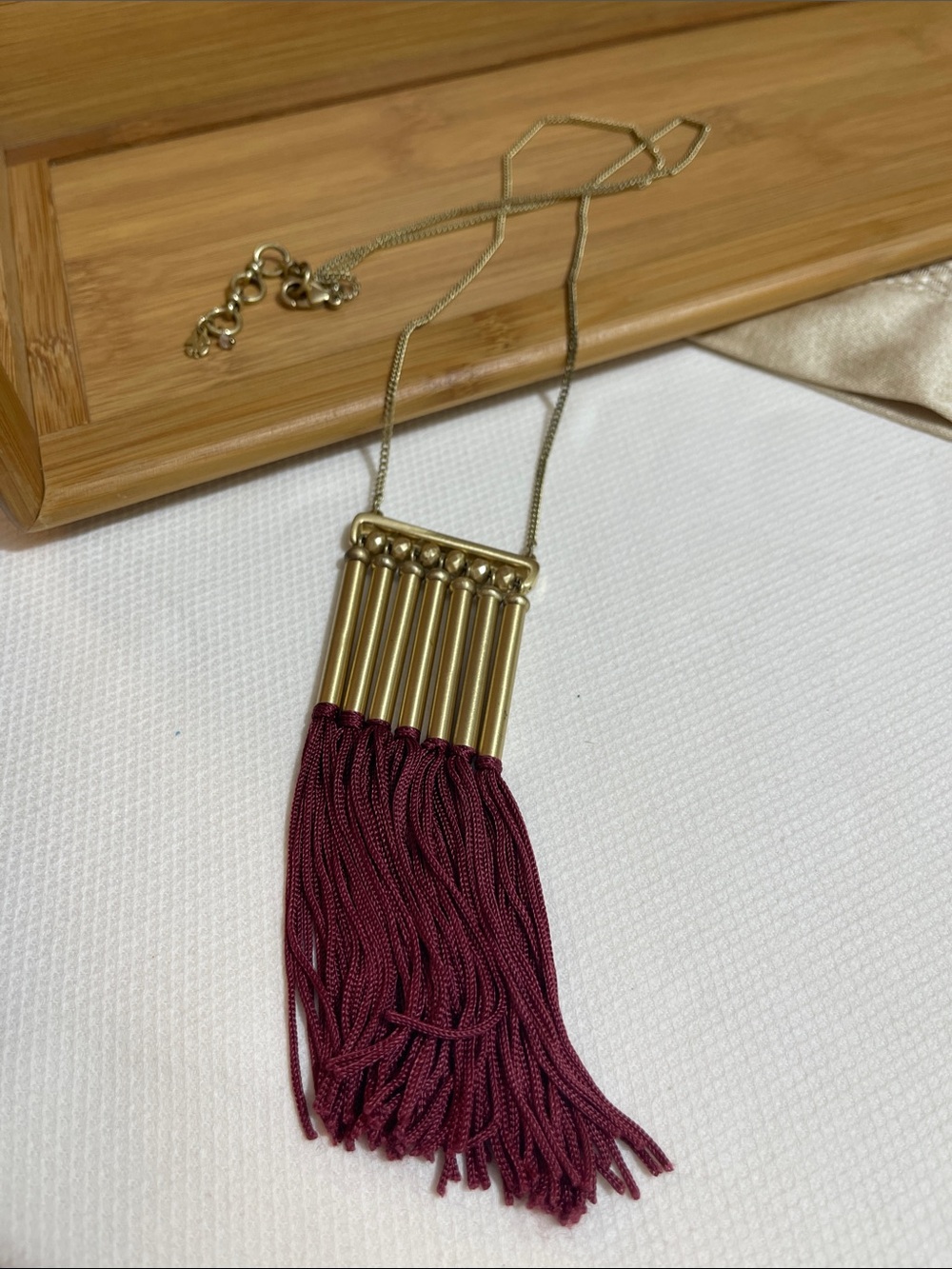 Gold Metal Tube & Burgundy Tassel Pendant Necklace - Women Jewelry